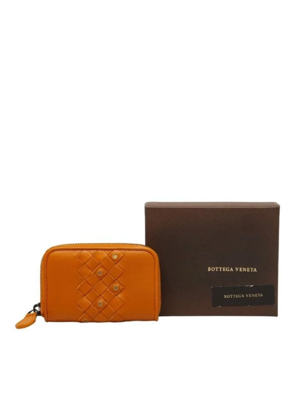 Bottega Veneta Intrecciato Zip Around Coin Purse Orange Brown Leather